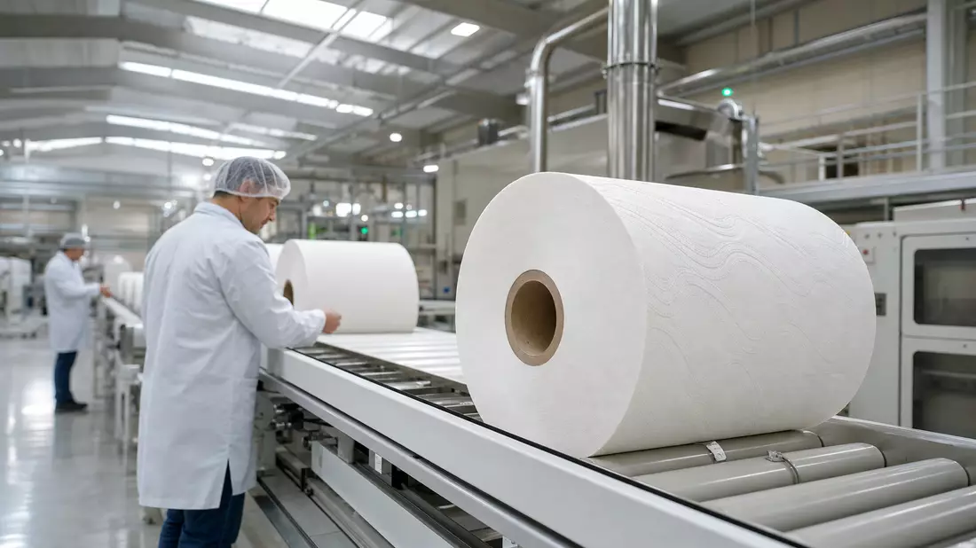 Essity AB SE0009922164: Fabrikhalle mit Hygienepapierrollen und Personal