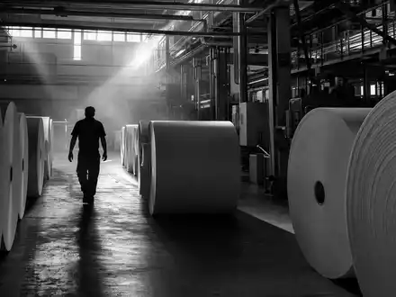 Essity AB (ISIN SE0009922164) zeigt dokumentarisch die industrielle Produktion von Hygienepapier in Schwarzweiß-Optik - Foto: THN