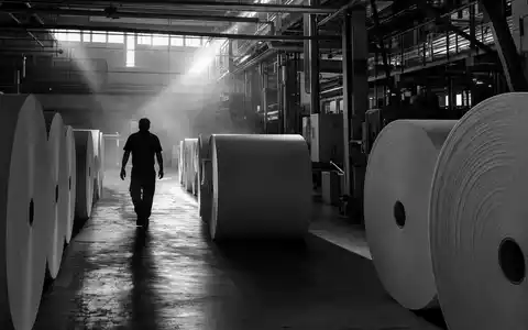 Essity AB (ISIN SE0009922164) zeigt dokumentarisch die industrielle Produktion von Hygienepapier in Schwarzweiß-Optik - Foto: THN