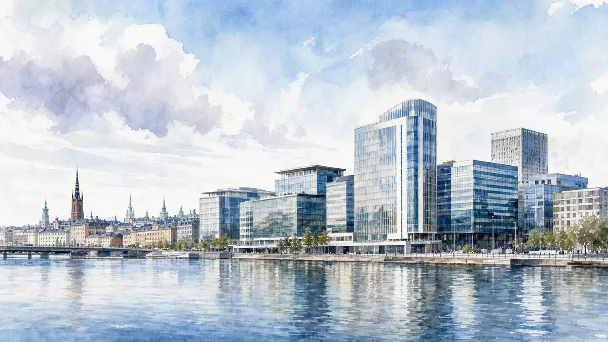 Essity AB SE0009922164: Aquarell der Stockholmer Skyline mit Bürogebäuden