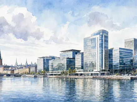 Essity AB (ISIN SE0009922164) mit Firmensitz Stockholm dargestellt als stimmungsvolles Aquarellgemälde der Stadt-Skyline - Foto: THN