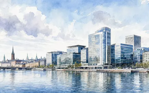 Essity AB (ISIN SE0009922164) mit Firmensitz Stockholm dargestellt als stimmungsvolles Aquarellgemälde der Stadt-Skyline - Foto: THN