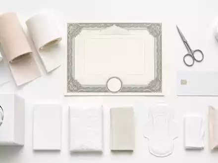 Essity AB (ISIN SE0009922164) zeigt ein Flatlay-Arrangement mit Aktienzertifikat, ISIN-Karte und diversen Hygieneprodukten - Foto: THN