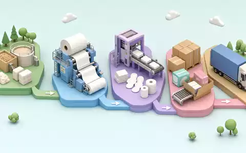 Essity AB (ISIN SE0009922164) visualisiert die Wertschöpfungskette der Hygienepapierherstellung als isometrisches 3D-Prozessdiagramm - Foto: THN