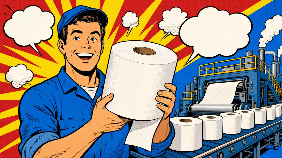 Essity AB SE0009922164: Pop-Art-Comic mit Fabrikarbeiter, großer Papierrolle
