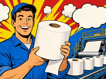 Essity AB (ISIN SE0009922164) dargestellt als farbenfrohe Pop-Art-Comic-Szene aus der industriellen Hygienepapierproduktion heute - Foto: THN