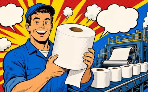 Essity AB (ISIN SE0009922164) dargestellt als farbenfrohe Pop-Art-Comic-Szene aus der industriellen Hygienepapierproduktion heute - Foto: THN