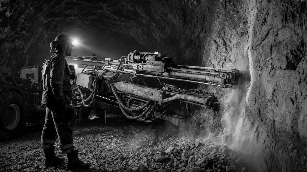 Schwarzweiß-Reportage eines Bohrgeräts im Bergbautunnel, Sandvik AB SE0000667891