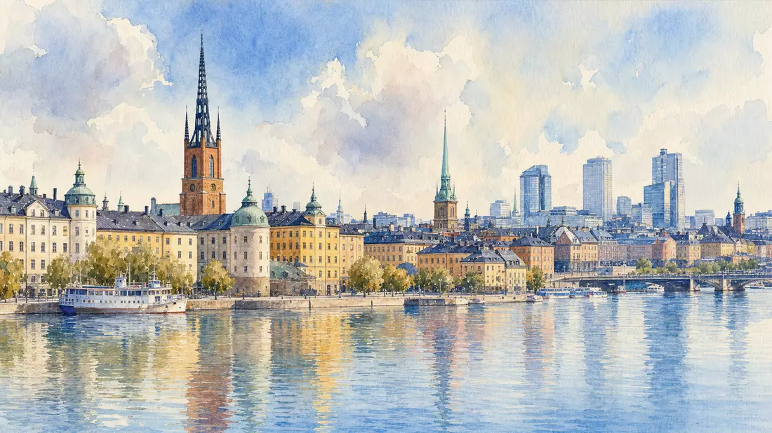 Aquarellansicht der Stockholmer Altstadt am Wasser, Sandvik AB SE0000667891