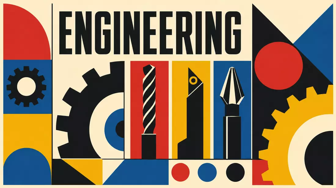 Geometrisches Bauhaus-Poster mit Zahnrad- und Bohrermotiven, Sandvik AB SE0000667891