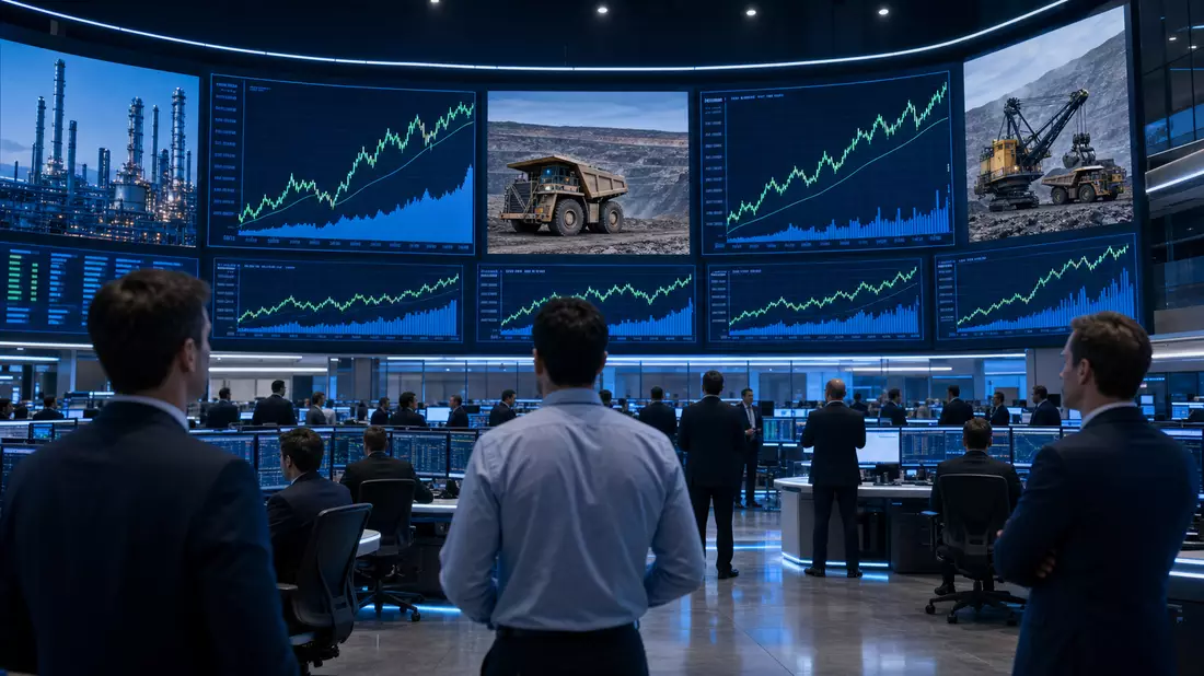 Trading-Floor mit Industrie- und Bergbau-Charts auf Bildschirmen, Sandvik AB SE0000667891