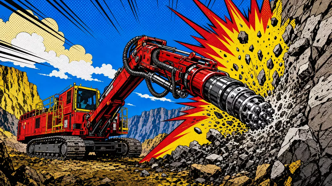 Pop-Art-Comic eines Bohrgeräts beim Durchbrechen von Gestein, Sandvik AB SE0000667891