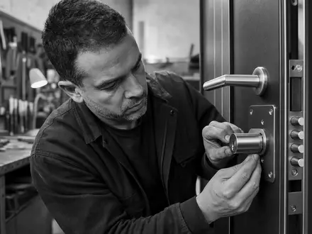 Assa Abloy AB (SE0007100581) fertigt Schließzylinder, wie diese dokumentarische Schwarzweiß-Aufnahme eines Schlossers eindrucksvoll zeigt - Foto: THN