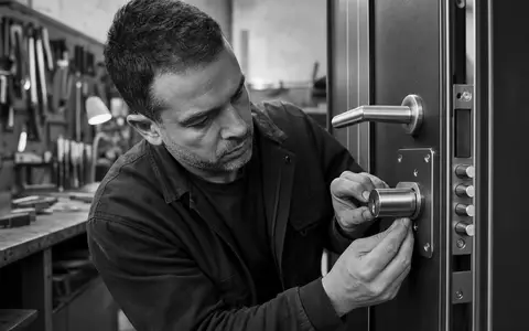 Assa Abloy AB (SE0007100581) fertigt Schließzylinder, wie diese dokumentarische Schwarzweiß-Aufnahme eines Schlossers eindrucksvoll zeigt - Foto: THN