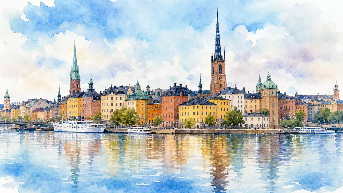 Aquarellmalerei der Stockholmer Altstadt-Skyline mit Türmen und Wasserspiegelung