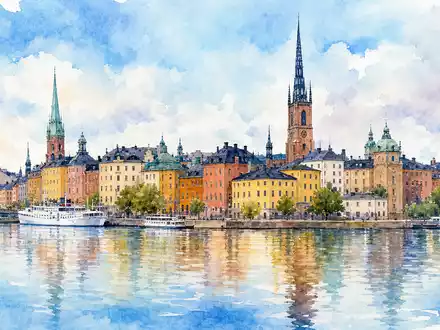 Assa Abloy AB (SE0007100581) hat Hauptsitz in Stockholm, dargestellt als stimmungsvolles Aquarellbild der historischen Altstadt - Foto: THN