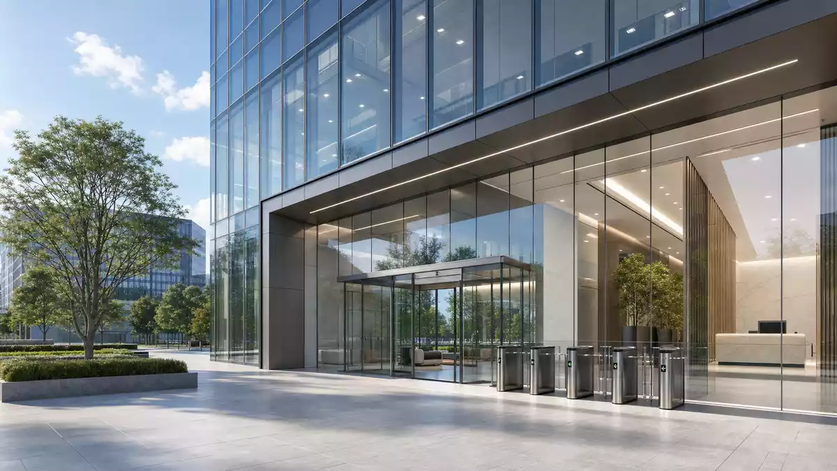 Architektur-Render einer modernen Glaslobby mit Türen und Zugangsschranken
