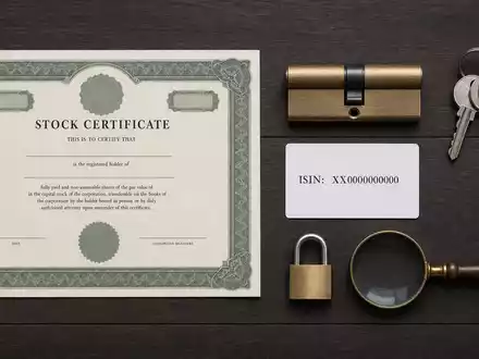 Assa Abloy AB (SE0007100581) symbolisiert dieses Flatlay mit Aktienzertifikat, ISIN-Karte, Schließzylinder und passenden Schlüsseln - Foto: THN