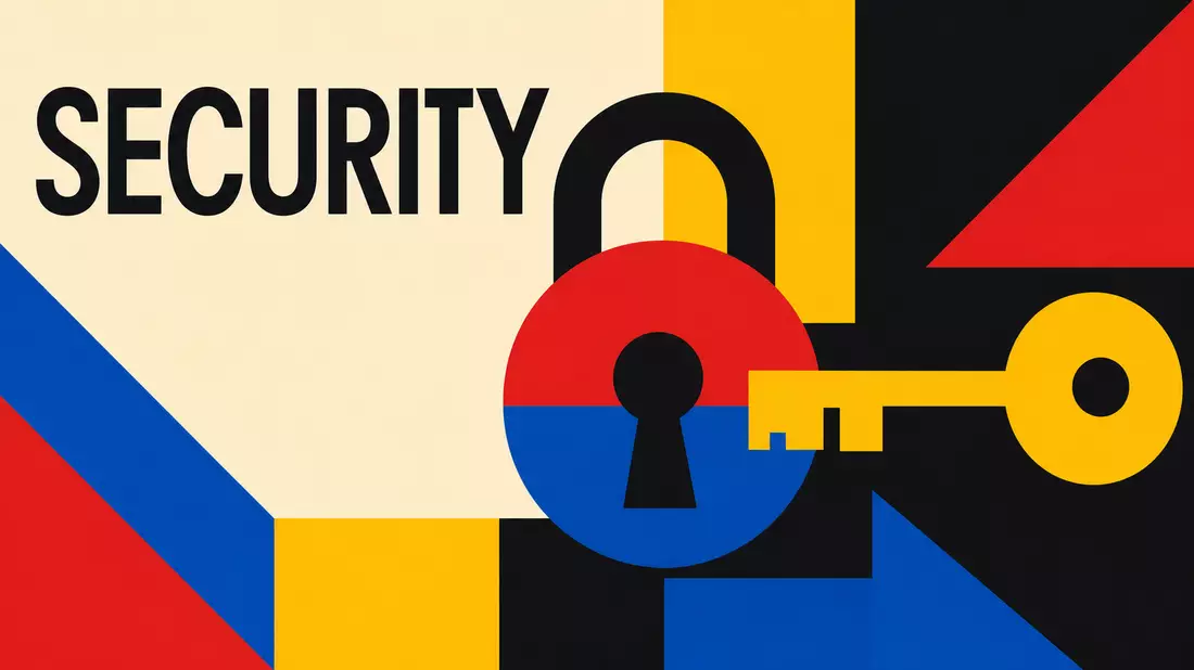Geometrisches Bauhaus-Poster mit farbigem Schloss-Motiv und Schriftzug SECURITY