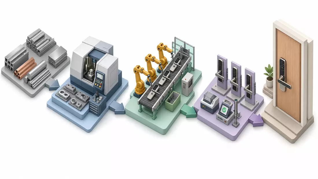 Isometrische 3D-Grafik der Wertschöpfungskette bis zum fertigen Smart-Lock