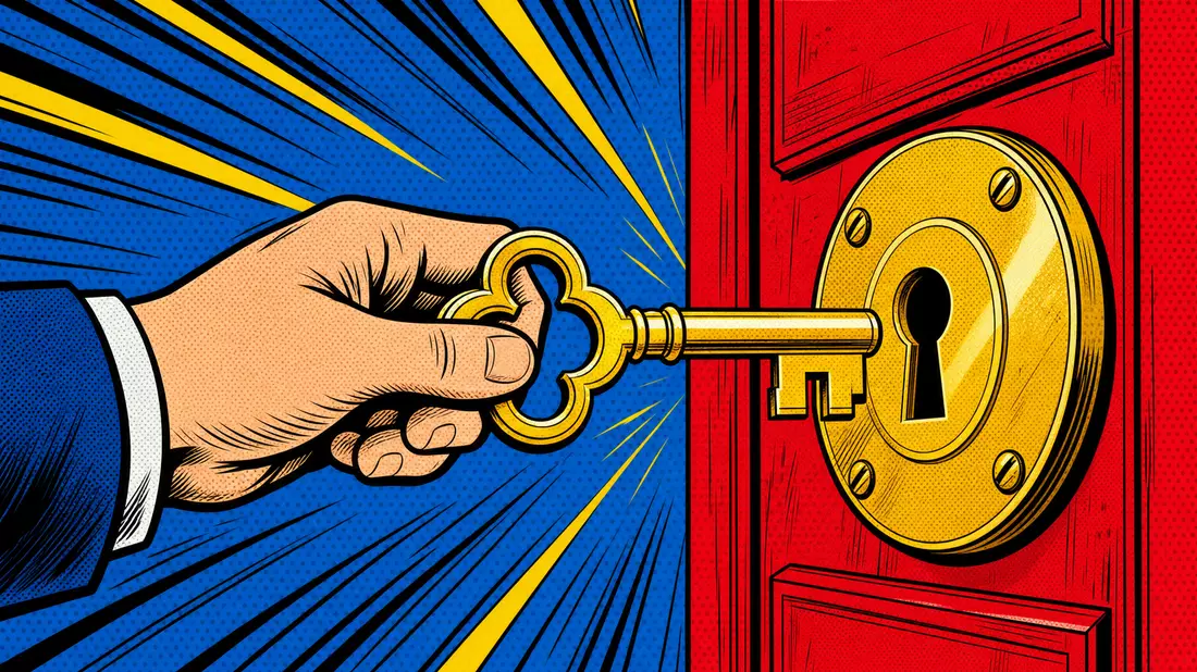 Pop-Art-Comic-Illustration einer Hand, die Schlüssel ins Schloss steckt