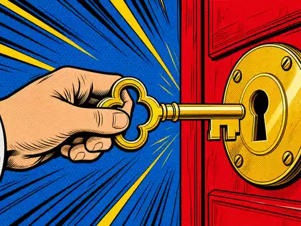 Assa Abloy AB (SE0007100581) erscheint als farbenfrohe Pop-Art-Comic-Szene mit Hand, Schlüssel und großem Türschloss - Foto: THN