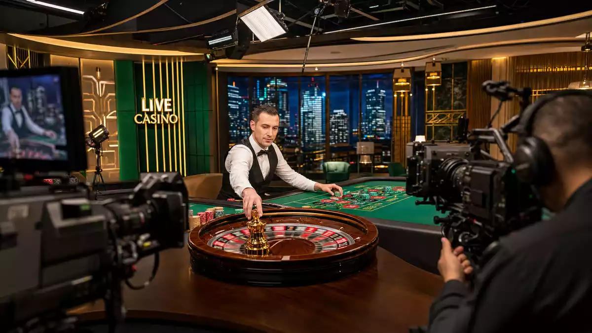 Live-Casino-Studio mit Roulette-Tisch, Dealer und Broadcast-Kameras im Fokus