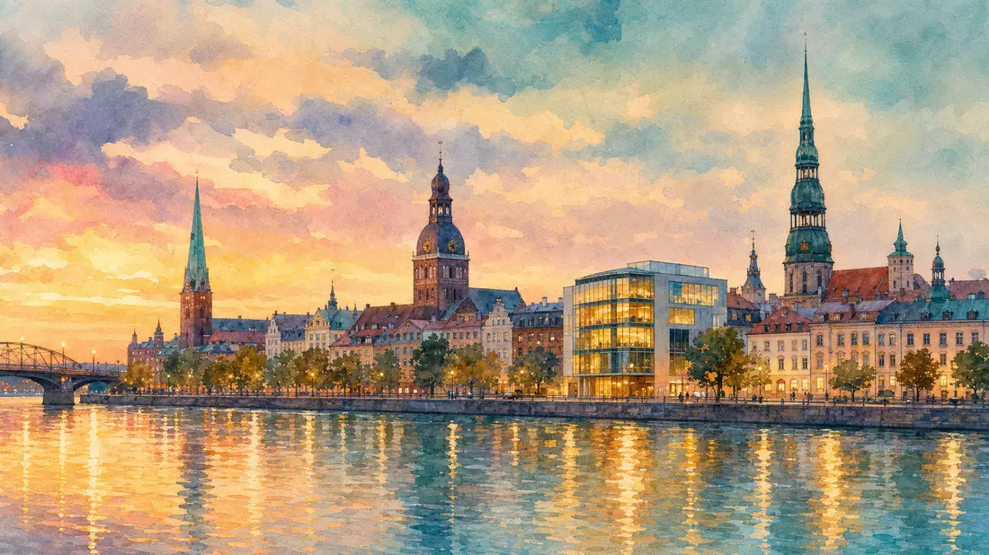 Aquarellmalerei der Riga Altstadt mit modernem Studiogebäude am Fluss