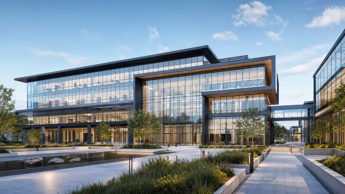 Architektonisches Rendering eines modernen Glas- und Stahl-Firmencampus bei Tag