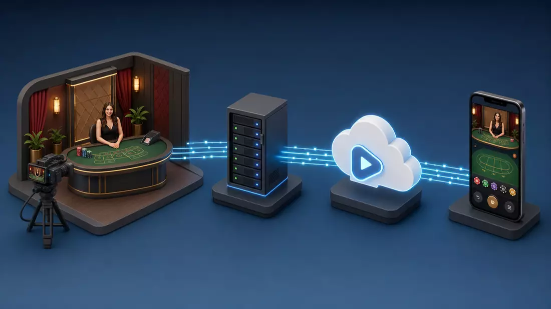 Isometrische 3D-Grafik zeigt Streaming-Kette von Studio bis Smartphone
