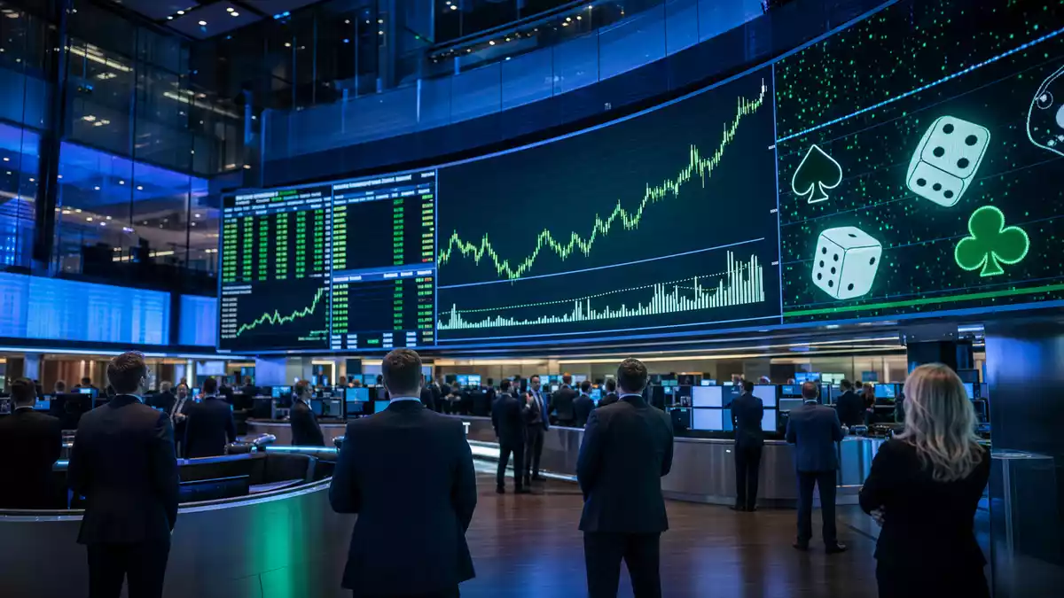 Editorial-Foto vom Trading-Floor mit Kurscharts und Glücksspiel-Symbolen auf Bildschirmen