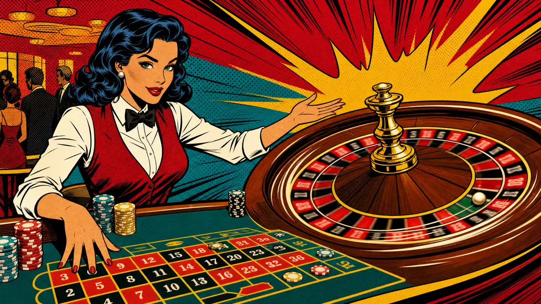 Pop-Art-Comic zeigt stilisierte Dealerin an bunt illustriertem Roulette-Tisch
