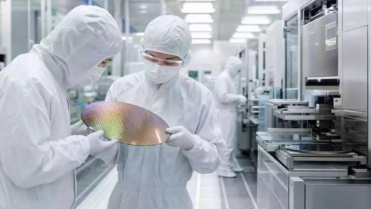 Techniker im Reinraumanzug untersuchen einen schillernden Silizium-Wafer in einer Chipfabrik
