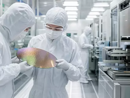 NXP Semiconductors NL0009538779 Reinraum-Techniker prüfen sorgfältig einen schillernden Silizium-Wafer in moderner Halbleiterfertigung - Foto: THN