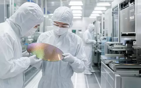 NXP Semiconductors NL0009538779 Reinraum-Techniker prüfen sorgfältig einen schillernden Silizium-Wafer in moderner Halbleiterfertigung - Foto: THN