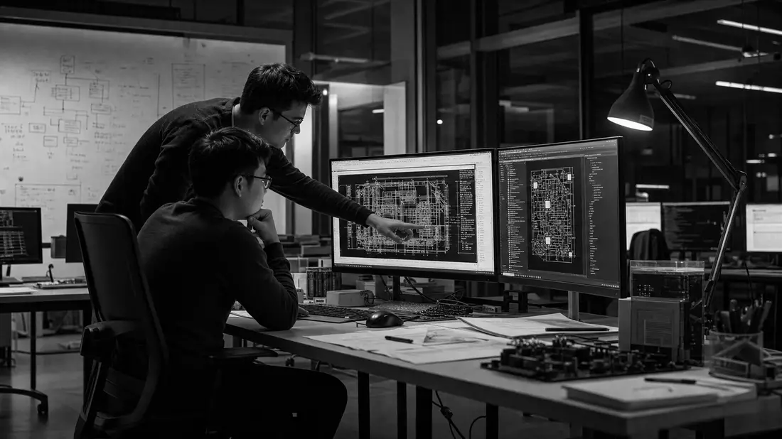 Schwarzweißfoto von Ingenieuren, die Schaltpläne an Monitoren im Designstudio besprechen