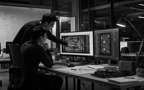NXP Semiconductors NL0009538779 Schwarzweiß-Reportage zeigt zwei Ingenieure im Chip-Design-Studio bei intensiver Schaltplan-Analyse - Foto: THN