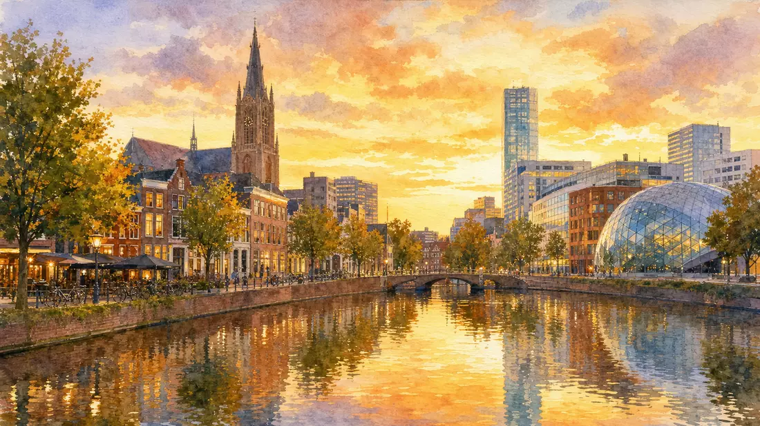 Aquarellmalerei einer niederländischen Kanalstadt bei goldenem Sonnenuntergang mit Spiegelungen