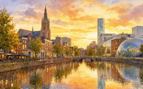 NXP Semiconductors NL0009538779 Aquarellgemälde zeigt niederländisches Eindhoven-Stadtbild im warmen Abendlicht am Kanal - Foto: THN