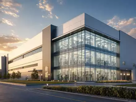 NXP Semiconductors NL0009538779 Architektur-Render zeigt moderne Halbleiterfabrik mit gläsernem Reinraumbereich bei Sonnenuntergang - Foto: THN