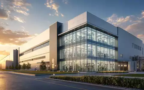 NXP Semiconductors NL0009538779 Architektur-Render zeigt moderne Halbleiterfabrik mit gläsernem Reinraumbereich bei Sonnenuntergang - Foto: THN