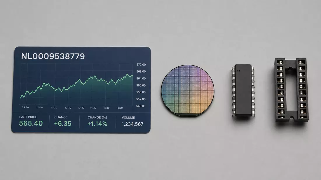 Flatlay mit ISIN-Karte NL0009538779, Silizium-Wafer, Mikrochip und IC-Sockel auf grauer Fläche