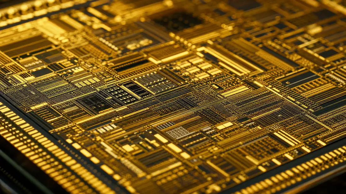 Extreme Nahaufnahme goldener Mikrochip-Leiterbahnen mit feinen geometrischen Mustern