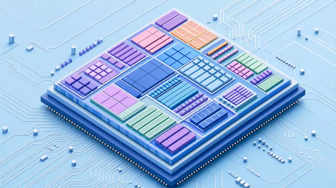 Isometrische 3D-Grafik eines bunten abstrakten Mikrochip-Layouts über einer Platine