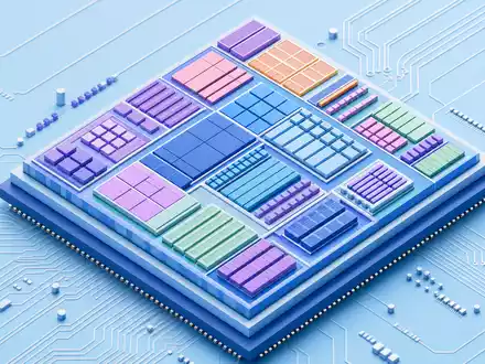NXP Semiconductors NL0009538779 isometrisches 3D-Rendering zeigt abstraktes Chip-Layout über blauer Leiterplatte schwebend - Foto: THN