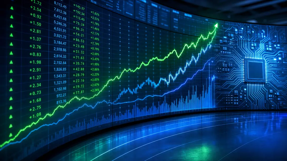Editorial-Aufnahme einer NASDAQ-Kurstafel mit steigenden grünen und blauen Aktiencharts
