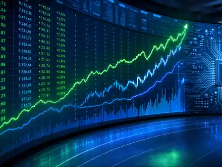 NXP Semiconductors NL0009538779 Börsen-Editorial zeigt große NASDAQ-Kurstafel mit steigenden Charts und Halbleiter-Motiven - Foto: THN