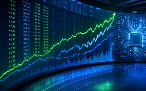 NXP Semiconductors NL0009538779 Börsen-Editorial zeigt große NASDAQ-Kurstafel mit steigenden Charts und Halbleiter-Motiven - Foto: THN