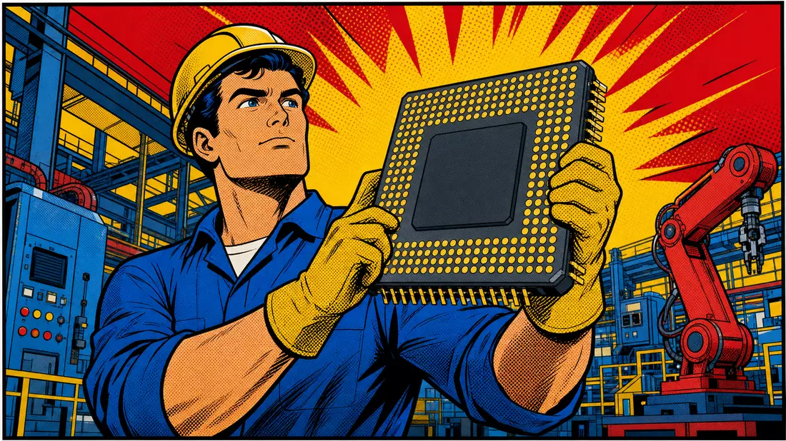 Pop-Art-Comicillustration eines Fabrikarbeiters, der einen großen Mikrochip in die Höhe hält
