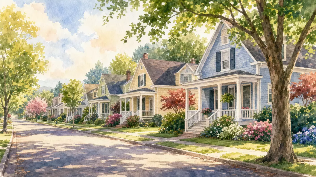 Aquarellmalerei einer baumgesäumten Wohnstraße mit bunten Einfamilienhäusern